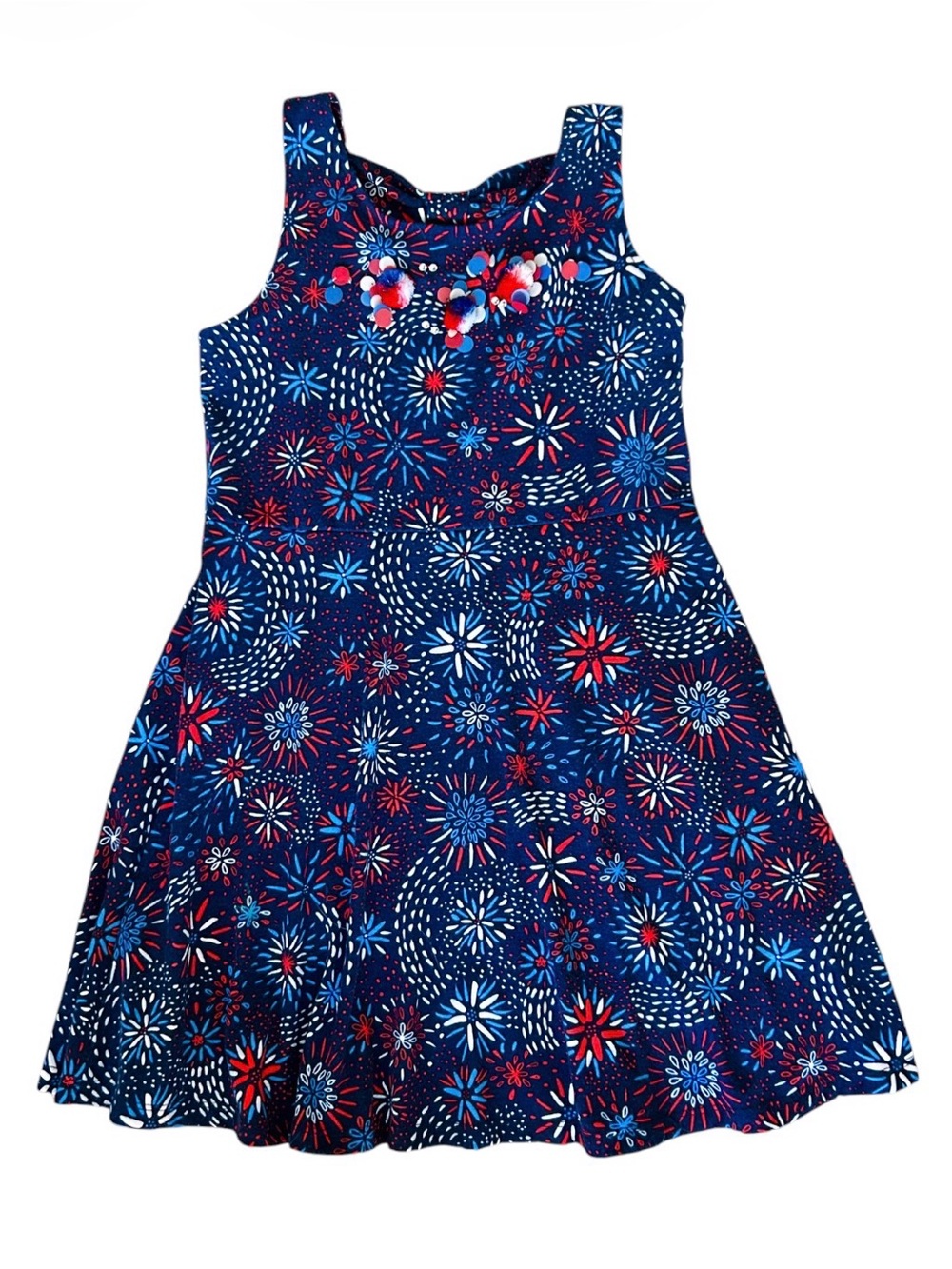 ✅ 5 for $25 - Pom Pom Trim Firework Print Summer Dress, Girls’ Size 7/8
